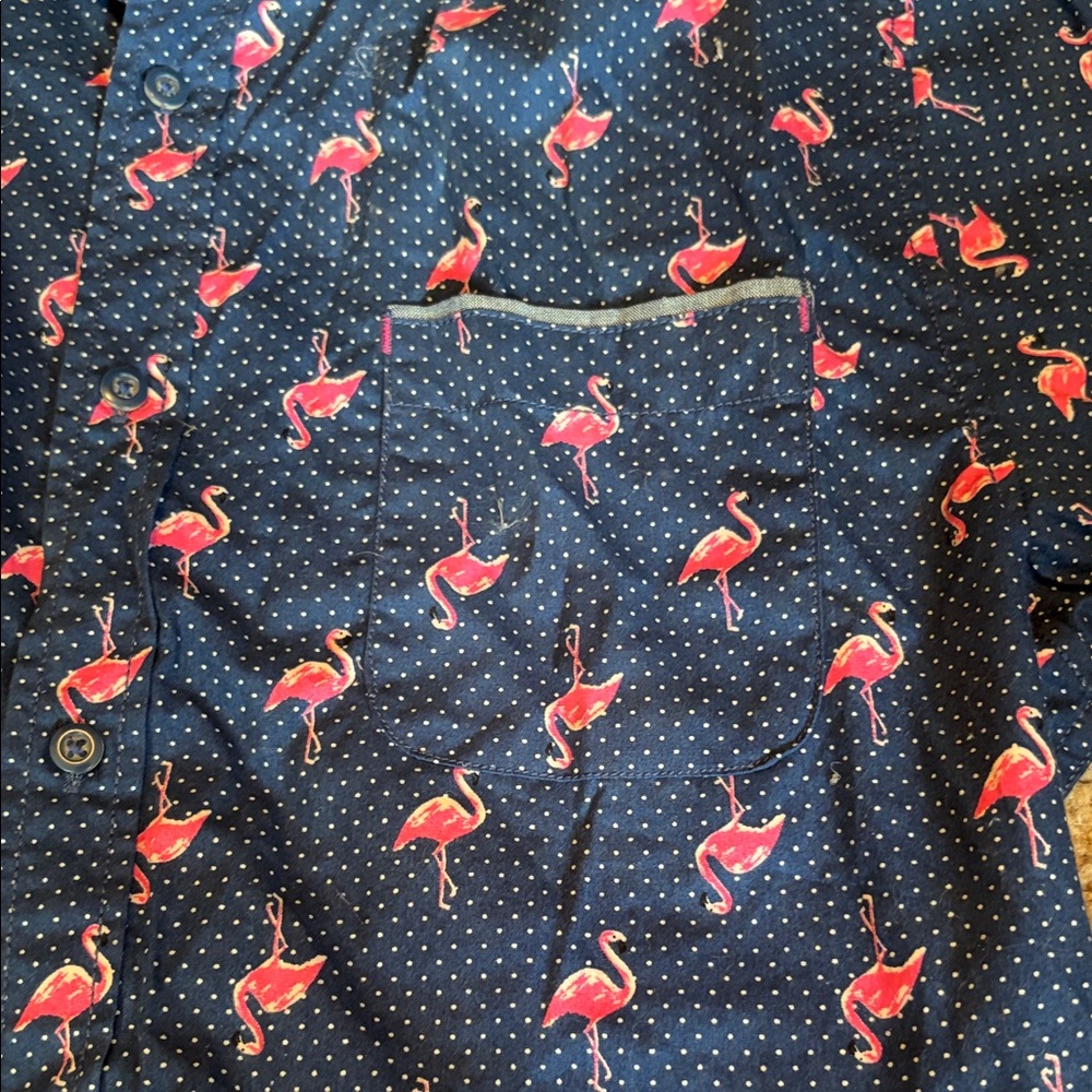 Good Vibes Slim Fit Navy Short-Sleeve Button-Down-Pink Flamingo Print Size Large - Picture 3 of 8